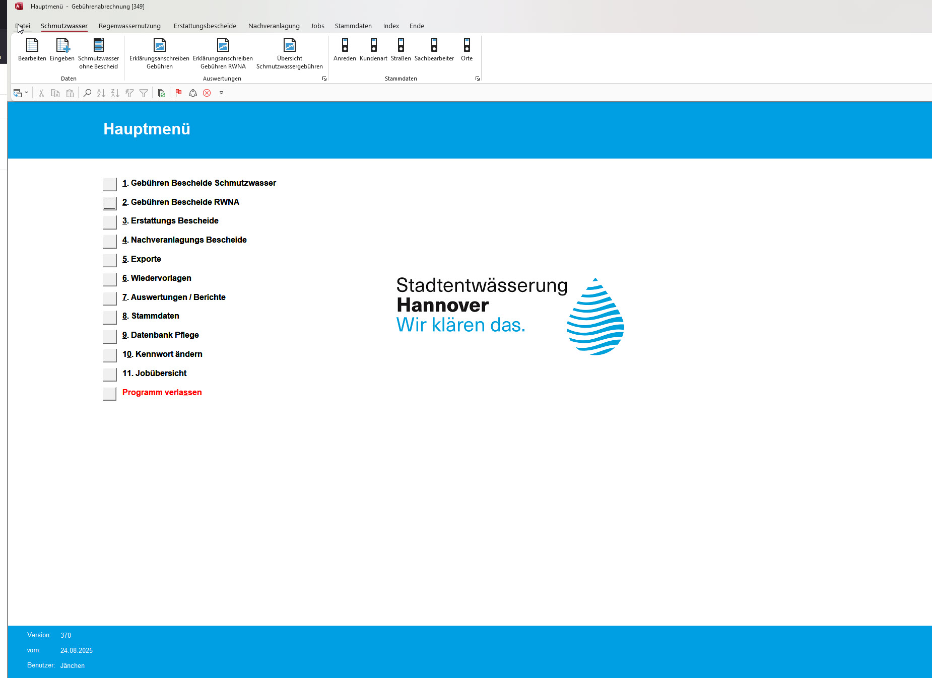 DB00 Startmenü der Gebührenverwaltung